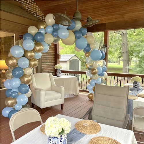 Image of Dusty Blue Balloon Set, 60Pcs 12 Inch Slate Muted Baby Blue Fog Pastel Light Blue White Sand Balloon with Metallic Confetti Champagne Gold Balloons for Boy Birthday Party Baby Bridal Shower Decortaion