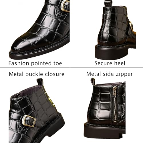 Image of Chelsea Boots for Men's Leather Print Monk Buckle Slip On Dress Boots with Side Zipper Fashion Pointed Toe Buckle Strap Classic Business Chukka Boots for Casual Work Party Oxford Booties