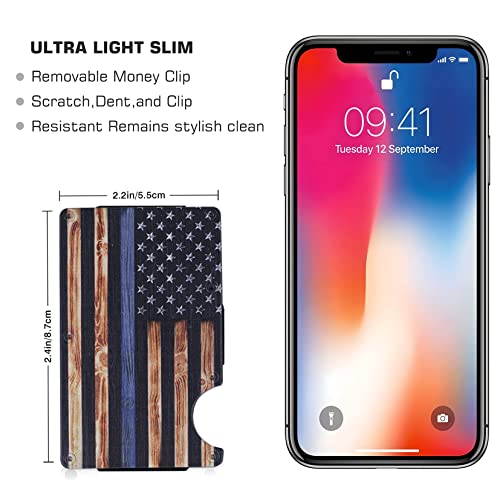 Dicilly Minimalist Wallet For Men - Vintage Wood Grain American Police Blue Line Flag Tactical Wallet - Rfid Blocking Metal Wallet - Aluminum Credit Card Holder Slim Money Clip #TOP5