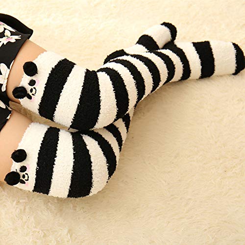 Image of Hotmiss Womens Thigh High Fuzzy Socks Cute Over the Knee Stockings Winter Warm Stripe Leg Warmers