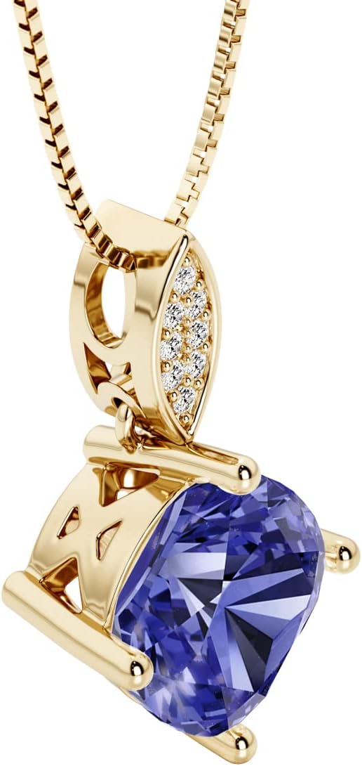 PEORA 2.50 Carats Tanzanite and Lab Grown Diamond Drop Pendant in 14K White or Yellow Gold, Cushion Cut
