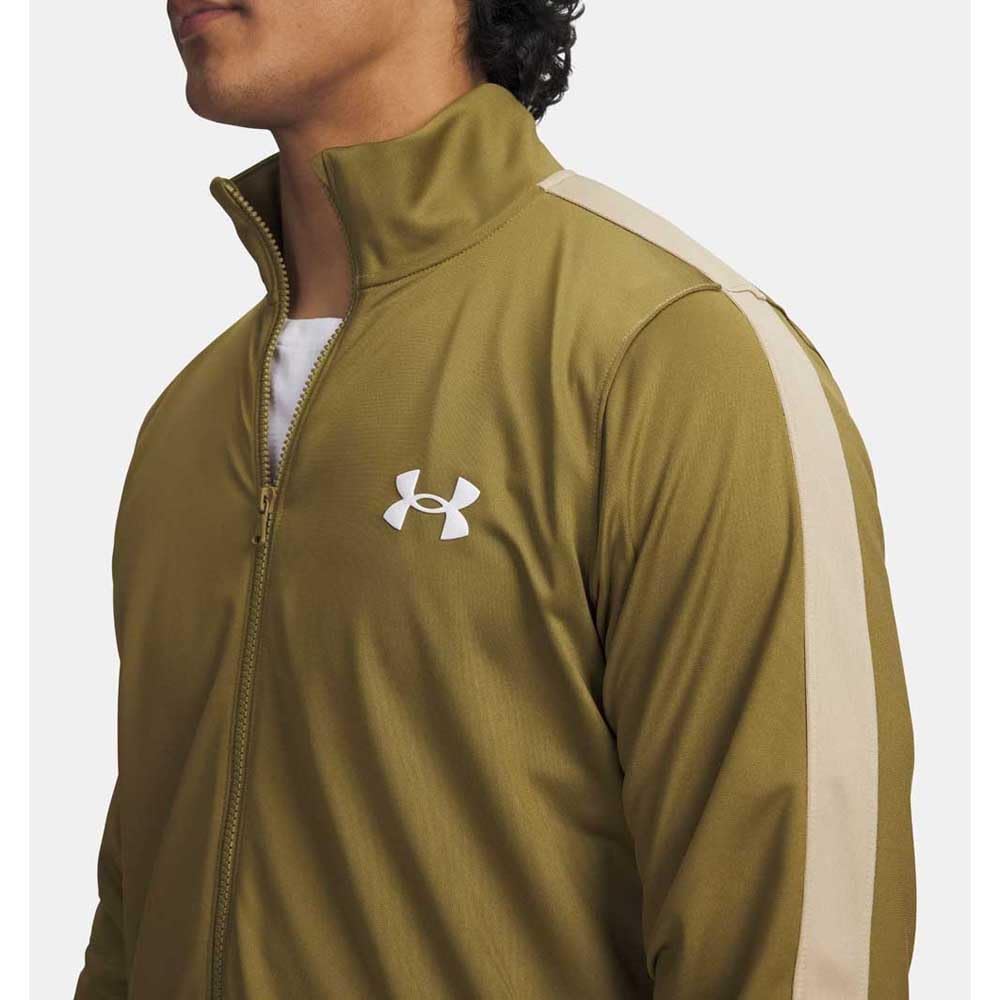 Under Armour Męski dres treningowy z dzianiny, wygodny i szybkoschnący top i spodnie do biegania z kieszeniami, męski dres treningowy i do noszenia na co dzień, zielony/polny khaki, MD