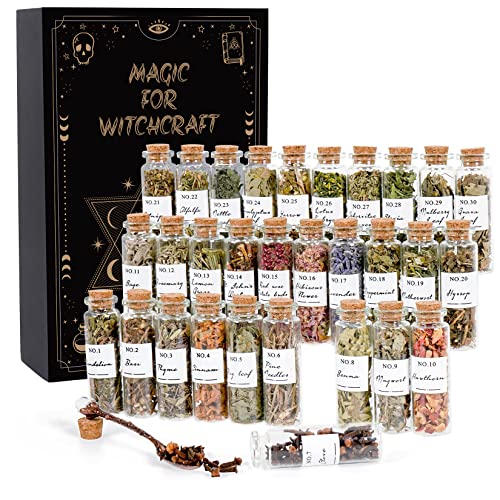 Witchcraft Supplies Herbs - 30 Bottles Dried Herbs Kit for Beginners - Altar Supplies Healing Herbal Natural Herbs Crystal Spoon for Wicca, Pagan Magic Spells and Bath