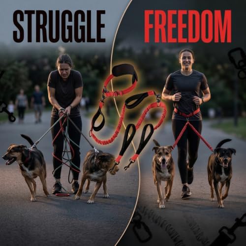 Handsfree Dog Leash for Two Dogs, Double Leash with Shock Absorbing Bungee, Adjustable Waist Belt, 4 Padded Handles, Dual Leashes No Tangle for Running, Walking, Training - 5
