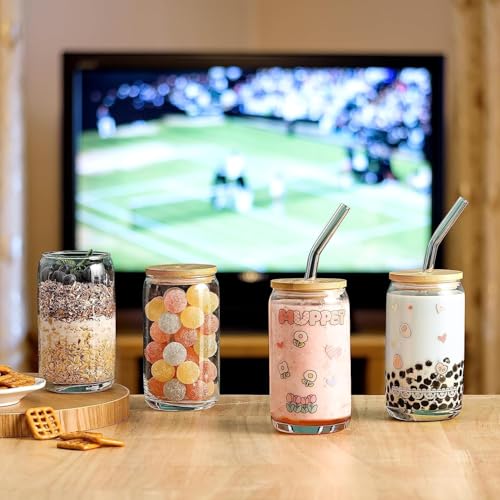 Image of Ice Coffee Sipper Juice Drinks Glass Can Mug with Wooden Lid, Straw for Milk /Coffee /Green Tea Cup Transparent Shape Cup (Pack of 1)