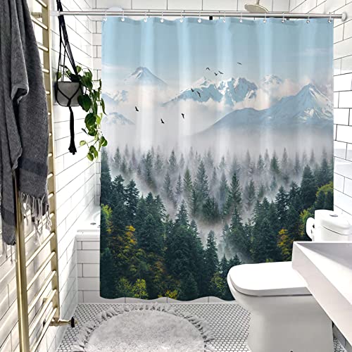 Zussun Green Misty Forest Shower Curtain Nature Foggy Tree Mountain Shower Curtains For Bathroom Waterproof Fabric Woodland Decorative Modern Aesthetic Bath Curtain With Hooks (Green1, 72" X 72") #TOP4