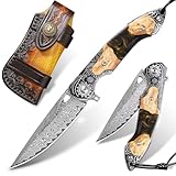 ALVELY Handgefertigt Damaszener Stahl Taschenmesser, 3,5 „ Klingen Männer und Frauen Klappmesser, mit Lederscheide, Harz und Ahorn Griff, geeignet für Outdoor EDC tragen, Camping Abenteuer Jagd