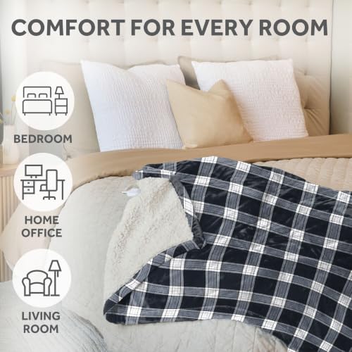 Image of Sunbeam Heated Throw Blanket Flannel Sherpa 4 Heat Charcoal Plaid 50x60