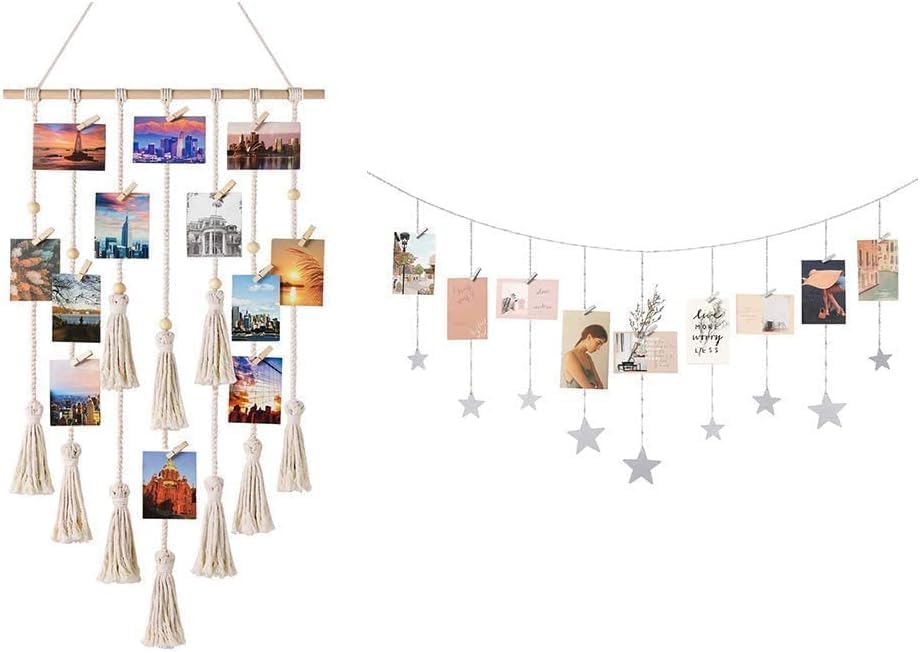 Mkono Expositor de fotos colgante de macramé con luz y metal, organizador de fotos para colgar, decoración bohemia para el hogar, con clips de