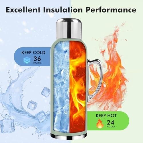 Image of 34 oz Insulated Water Bottle, Green Vacuum Stainless Steel Water Flask Jug with Handle & Metal Mechanical Temperature Measuring Cup Lid, Leakproof Travel Bottle Keep Cold 36h Hot 24h