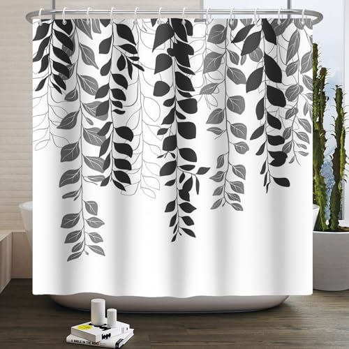 Leowefowa Black Leaves Shower Curtain Spring Eucalyptus Leaves Curtains for Bathroom Nature Themed Black and Gray Sage Plant Home Bath Curtain Sets Decor Fabric Waterproof Durable 72x72 inch