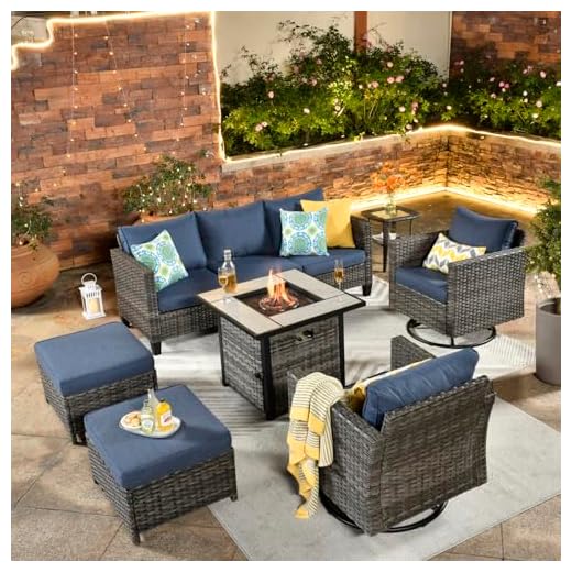ovios Patio Furniture Set 7 PCS Outdoor Wicker Rattan Sofa Set with 360 Degree Swivel Rocking Chairs 30 Inch Gas Fire Pit Table Garden Backyard Porch (Denim Blue-Grey)