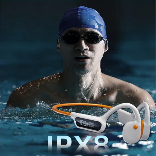 Image of AYI True Bone Conduction Swimming Headphones with Bluetooth 5.4 & MP3 Player Mode 32GB Built-in Memory IPX8 Waterproof Screen Display Pain-Free Open-Ear Earphone for Sport and Work-X10 White