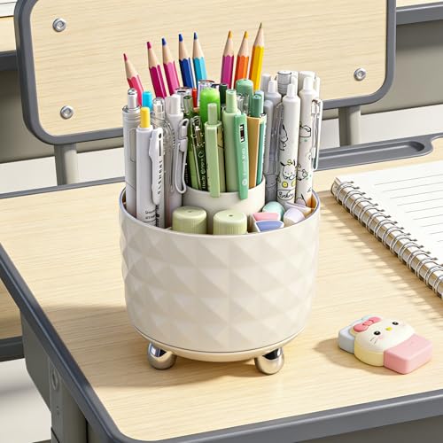 Image of GOTOBA 360 Rotating Pencil Holder for Desk, Makeup Brush Holder with 6 Slots, Desk Organizer for Writing Utensil, Office and School Supplies (Milky White)