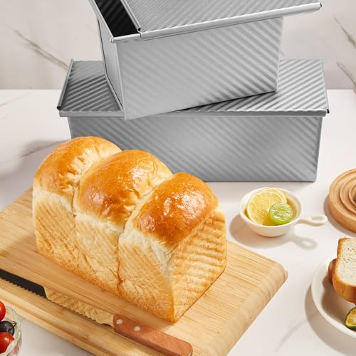 Image of KITESSENSU Pullman Loaf Pan with Lid, 1 lb Dough Capacity Non-Stick Bakeware for Baking Bread, Carbon Steel Corrugated Bread Toast Box Mold with Cover for Baking Bread, Silver