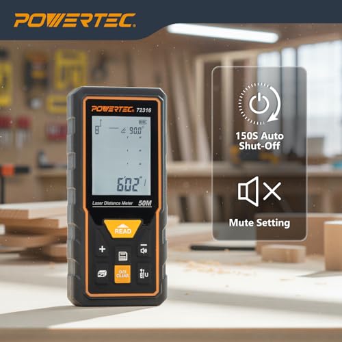 POWERTEC Laser Measure 165 ft (50 m) Digital Distance Meter with Angle Sensor, Backlit LCD, Area/Volume/Pythagorean Modes, Continuous Measurement, Memory, Batteries Included (72316) - Thumbnail 6