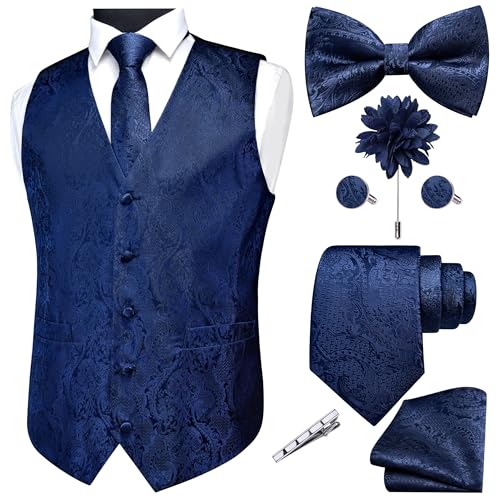 GUSLESON Navy Blue Vest for men Paisley Suit Vest Tie and Bow Tie Set Silk Tuxedo Waistcoat Necktie and Pocket Square Lapel Pin Set for Wedding (0815-03-XL)