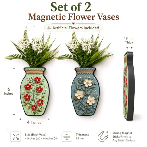 Image of Regalo Casila Magnetic Artificial Flower Vase Fridge Magnets Set of 2 Floral Botanical Art Decorative Refrigerator Kitchen Home Office Decor Housewarming Gift