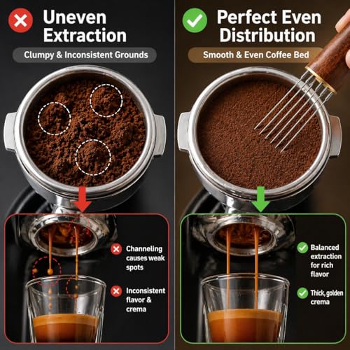 Image of Street27 Espresso Coffee Needle Stirrer Tool - 6 Stainless Steel Needles with Natural Wooden Handle & Stand | WDT Distribution Tool for Even Coffee Grounds Preparation