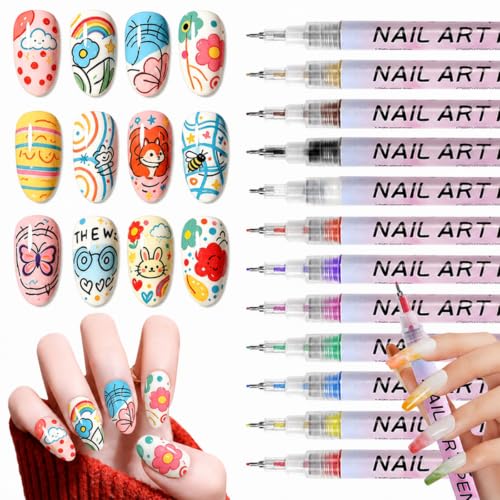 12 Color Nail Art Pens, 0.5 MM 3D Nail Polish Pens Set Drawing Painting Point Liner Acrylic Painted Pen Kit, Waterproof and Quick-drying Nail for DIY Nails Art Design Manicure Tools