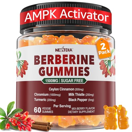 Berberine Gummies Supplement 1500mg Natural GLP-1 Support + Ceylon Cinnamon Chromium Milk Thistle Turmeric AMPK Activator for Women & Men Berberine HCl from Indian Barberry Sugar Free 2 Pack