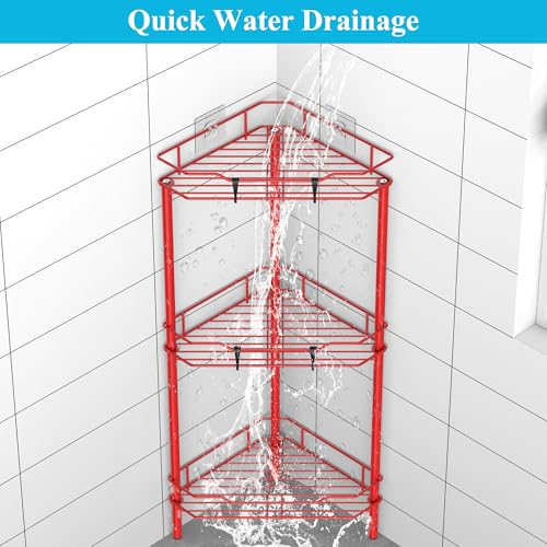 Image of HuggieGems 3 Tier Floor Standing Corner Shower Caddy Organizer Shelf with Hooks, Bathroom Shelves Stand Rack, Red