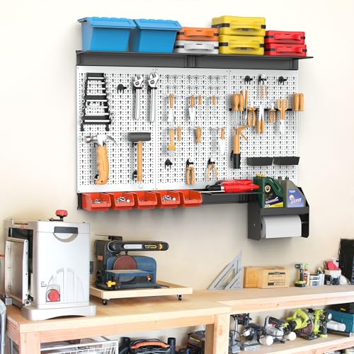 TORACK Pegboard Wall Organizer 4 ft. Garage Metal Pegboard Tool Organizer System, Tools Storage Peg Board Kit with Hooks and Accessories, Wall Mounted Storage Bins, Overhead Shelves