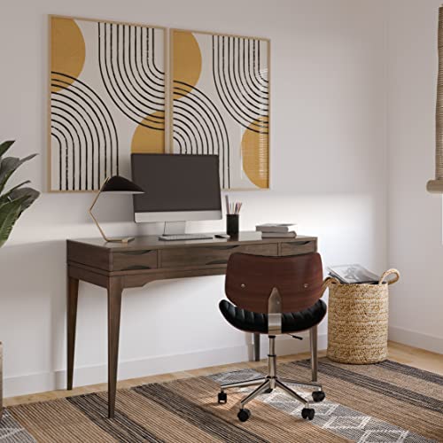 Image of SIMPLIHOME Harper Small Desk - 48 Inch Wide Solid Hardwood Writing Desk in Walnut Brown, Mid-Century Modern Home Office Computer Table for Study with 2 Drawers and Flip-Down Keyboard Tray
