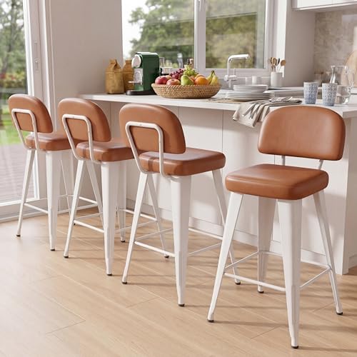 Image of Yongchuang 24 inch Bar Stools Set of 4, Upholstered PU Leather Counter Height Stools with Backs Modern Farmhouse Kitchen Island Metal Bar Chairs White Brown