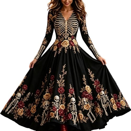 Halloween Costumes For Women Skeleton Dress Long Sleeve V Neck Maxi Dresses - image 4