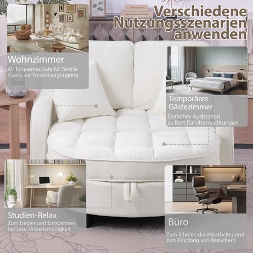 A ALFRESCOOL Sofa mit Schlaffunktion, 2-in-1 Schlafsofa, Modulares Sofa, Aufbewahrungs-Hocker & 4 Kisse, für Kleine Wohnzimmer, Studienzimmer, Schlafzimmer, 132×129×93cm (Beige)