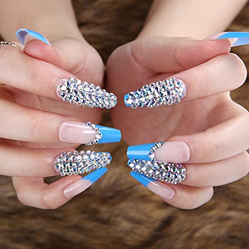 24 Pcs Press on Nails Coffin, Luvehandicraft Long Glossy Fake Nails Coffin, False Nails with Glue for Women and Girls (Blue with Crystal)