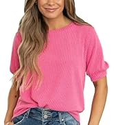 Womens Short Sleeve Shirts Oversized Knitted Tops Sexy Crewneck Blouses for Women Loose Casual