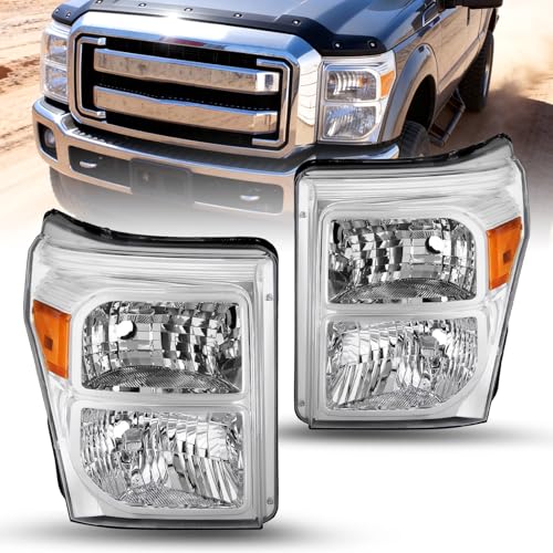 JSBOYAT OE Factory Style Headlight Assembly Replacement Fit for 2011-2016 Ford F250 F350 F450 F550 Super Duty Halogen Headlamp (Chrome Housing with Amber Reflector)