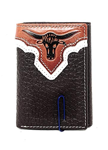 Western Tooled Genuine LeatherLonghorn Men's Short Trifold Wallet in 2 colors (Black) (Coffee)
