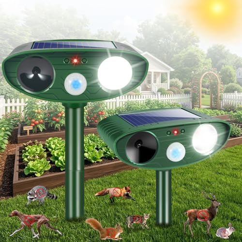 2Pack Sonic Fortress Pro Deer Repellent Solar Ultrasonic Animal Repellent Outdoor with Motion Detection&Flash Light Squirrel Fortress Pro Keep Raccoon Cat Rabbit Away for Vegetable Garden Lawn Yard