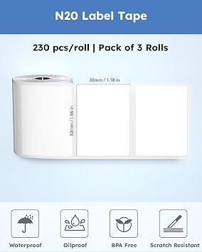 Thermal Labels for N20 Label Maker,1.97x1.18(50x30mm), 230 Labels/Roll, for Barcode, Address, Mailing, Logo, Business, Name Tag, 3 Rolls