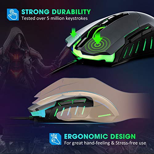 PICTEK Gaming Mouse Wired [7200 DPI] [Programmable] [Breathing Light] Ergonomic USB Computer Mice RGB Laptop PC Gaming Mouse, 7 Buttons for Windows 7/8/10/XP Vista Linux, Grey - Thumbnail 7
