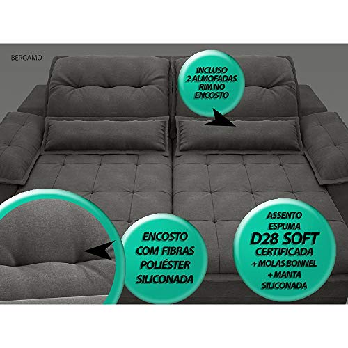 Sofá Bergamo Retrátil e Reclinável Velosuede Cinza 2,90m