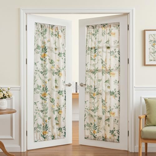 Image of MYSKY HOME Floral Linen Door Curtains Green Farmhouse 2 Panels Semi Sheer | Privacy Protect Door Window Curtains Doorway Light Filtering Rod Pocket Curtain Patio Glass Door, 26 inchW x 72 inchL Each Panel