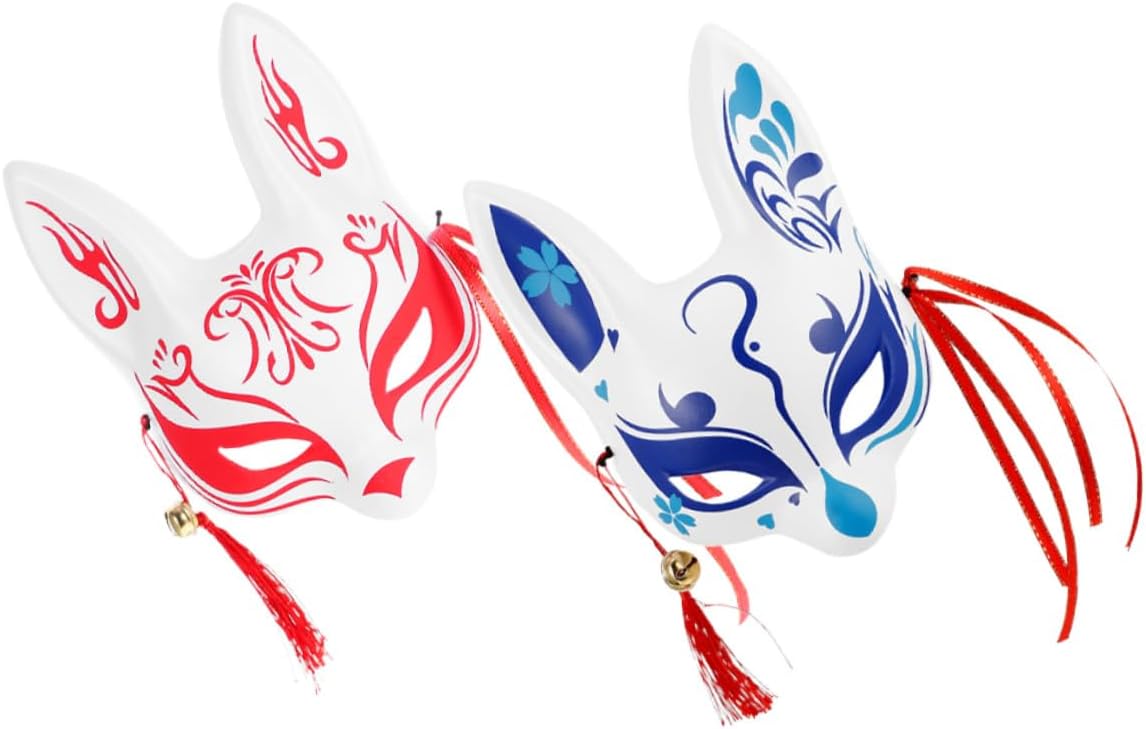 KESYOO 2pcs Sakura Fox Half Face Mask Japanese Style Kitsune Cosplay Masks for Halloween Carnival Party Adults Paintable White Plastic Dress-up Accessories