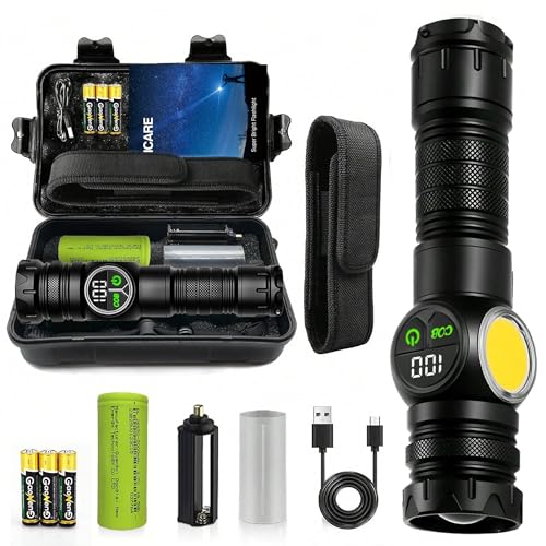 ICARE Linternas LED Alta Potencia 500000 Lúmenes, Linterna LED Recargable USB Táctica Militar Potente, XHP70.2 Con Luz COB, IP67 Impermeable 9 Modos Linternas [Clase de eficiencia energética A+++]