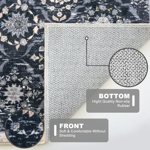 KILOCOCO 2x6 Runner Rug, Moroccan Super Soft Washable Hallway Runner Rug, Accent Print Faux Wool Kitchen Runner Rug 6 Feet Non-Slip Rug Runners for Laundry Room Bedroom, Black/Navy Blue/Multi