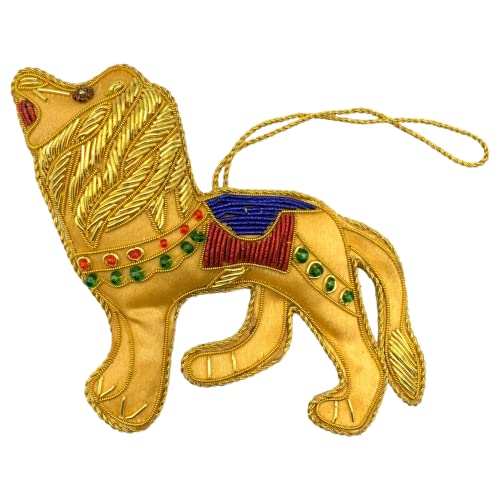 Zari - Adorno decorativo para árbol de Navidad, diseño de león, bordado Zardozi, bolsa de regalo colgante, fabricado en la India