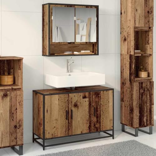WRJENFSC Armario de baño de madera reciclada 90 x 33 x 60 cm - Mueble de baño con 3 puertas - Estructura de madera resistente - Mango de acero mate - Diseño moderno - Aparador práctico para