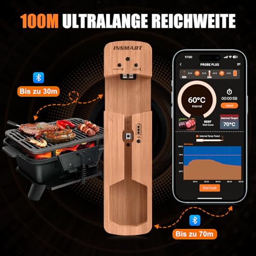 INSMART Fleischthermometer Kabellos, Grillthermometer Bluetooth 100m, IPX7 Wasserdicht Bratenthermometer mit Smarte APP, Meat Thermometer Kochen für Backofen Grill Smoker... – Bild 2
