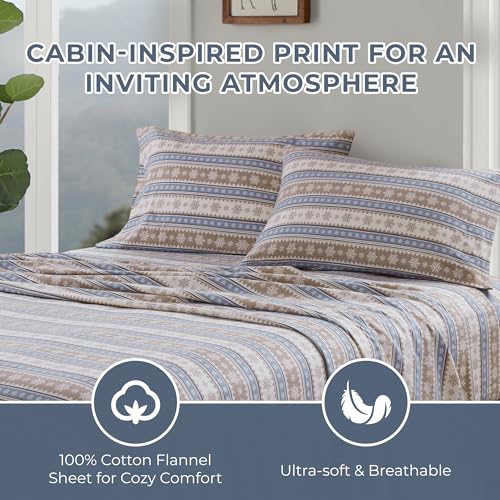 Image of Woolrich Cotton Sheet Set Cottage Charms Print, 100% Cotton Flannel Sheets Warm & Fuzzy Bedding Set Full Size Sheets, Fitted Pocket Fits Up to 12 inch Mattress, Full Blue Snowflake 4 Piece