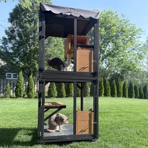 Image of Aivituvin Cat House Window Catio Outdoor Cat Enclosure Mobile Kitty Shelter on Wheels Pet Cage with Resting Box,Hammocks,Waterproof Cover