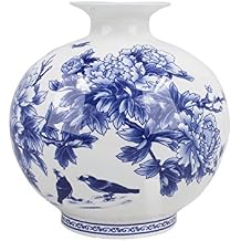 Dahlia Blue and White Vase, Handmade Bone China Flower Vase, Birds in Peony Bush, Pomegranate Shape 6.5 Inches