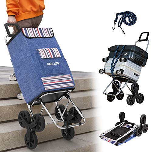 Kanchimi Shopping Cart with Wheels,220lbs Heavy Duty Cart for Stair Climber Cart,2in1 Foldable Grocery Cart with 50L Shopping Bag,Utility Cart with 360Â°Rotating Handle( Red Blue Stripe)